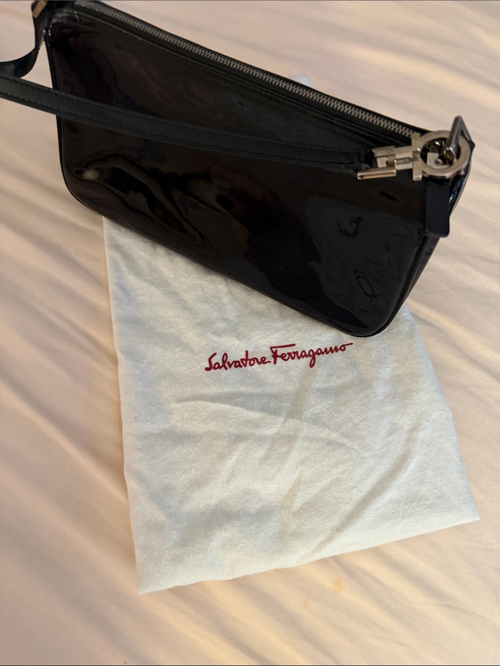 Salvatore Ferragamo Black Patent Leather Wristlet Clutch